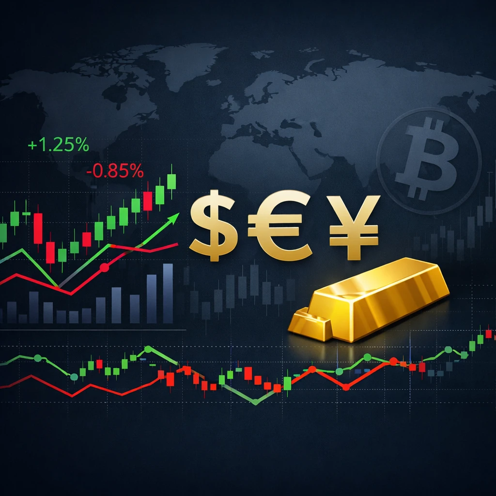 تصویر مفهومی از بازارهای مالی شامل بازار ارز، طلا، سهام و رمزارز همراه با نمودارهای تحلیلی
